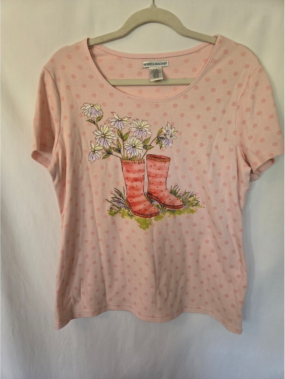 Rebecca Malone Pink Polka Dot Shirt L Floral Rain Boots Cottagecore Garden